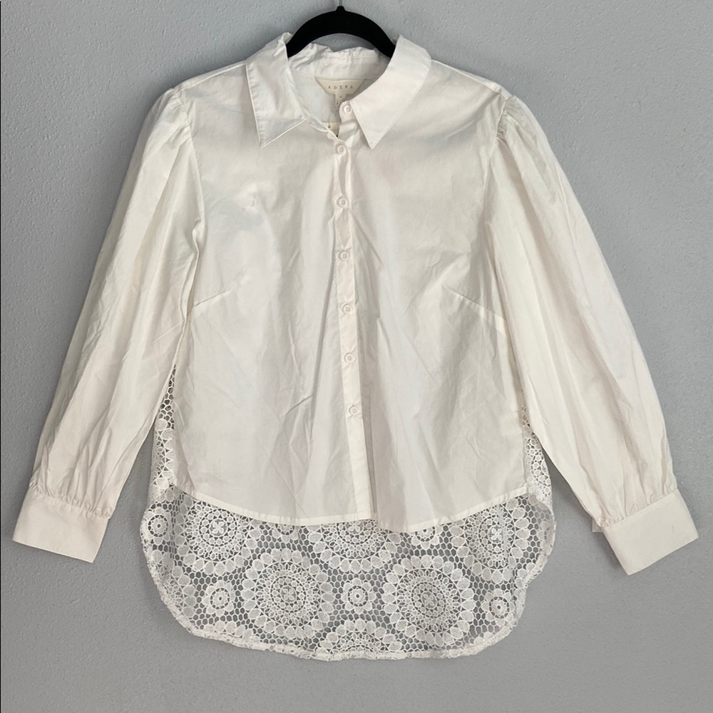 Adiva Women's Button Up Dress Shirt Lace Blouse White Long Sleeves Size Large